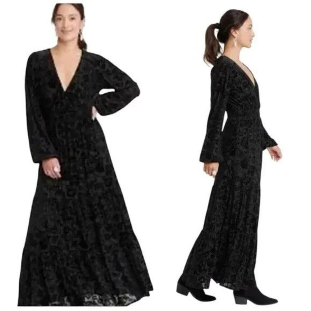 Knox Rose velvet burnout floral tiered maxi dress Size XS‎ black whimsigoth Boho